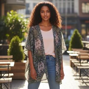 SUN & SHADOW Open Kimono Women’s S/M Green Blue Pink Geometric Pattern Lightweig